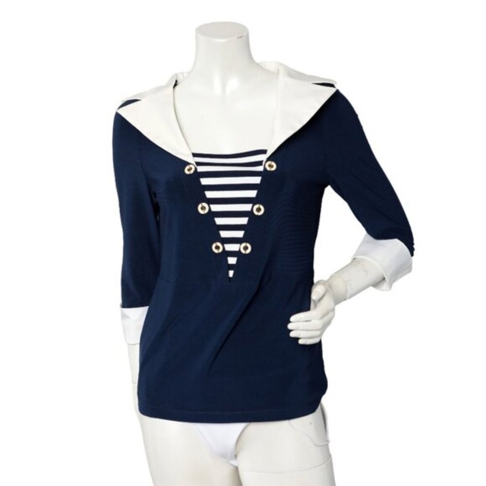 Joseph Ribkoff Collared Stripe Blouse Long Sleeve Stretch Top Navy White Office